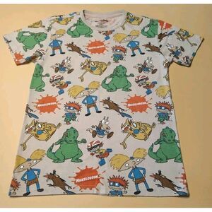 Vintage Nickelodeon All Over Print Tshirt SM Rugrats Rocko,Cat Dog Hey‎ Arnold